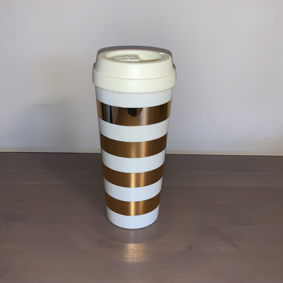 Kate Spade Cream and Gold Striped Plastic To-Go Cup - Picture 4 of 9